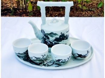 Pretty Pale Green & Blue Porcelain Asian Tea Set & Tray - See Description