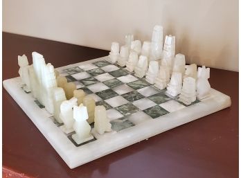 Vintage Carved Marble Alabaster Chess Board & Complete Set Of Gaming Pieces