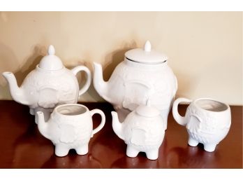 Reve De Provence White Porcelain Embossed Elephant Shaped Tea Set & Cookie Jar
