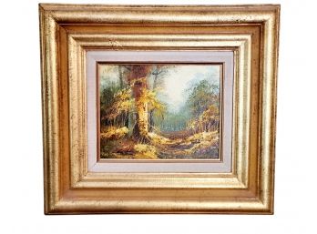Handsome Signed Framed Landscape Oil Paining In Gold Painted Wood Frame