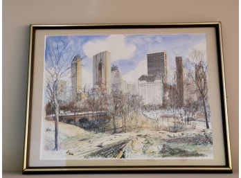 Vintage Signed & Framed Watercolor Of New York City Manhattan Skyline