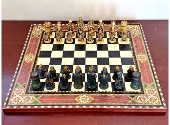 Vintage Wood Chess Game Board & Medieval Resin Chess Pieces