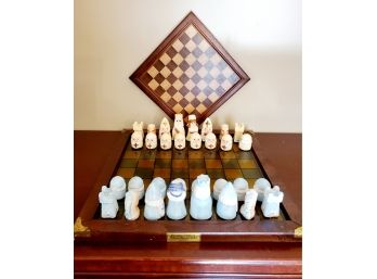 Vintage 1983 Limited Edition Ceramic Medieval Character Chess Set & 2 Sided Wood Game Board