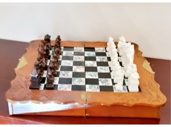 Vintage Chess Set - Complete - Asian Styled Resin Game Pieces With Carved Wood Storage Game Board