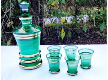 Vintage Emerald Green Glass & Gold Leaf Boho Decanter With Five Cordial Shot Glasses