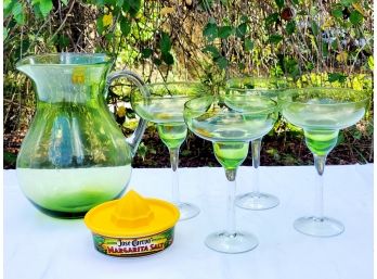 Handblown Circleware Green Glass Margarita Glassware Bar Set