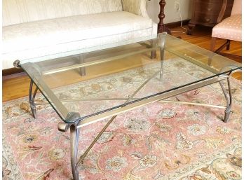 Handsome Heavy Bronze / Brass Toned Metal Framed Cocktail Table With Beveled Edge Glass Top