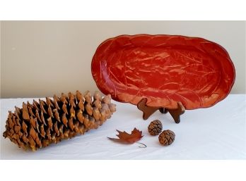 Two Very Cool Sequoia Pine Cones, Huge Sugar Pine Cone, Metal Canadian Maple Leaf & Pottery Platter