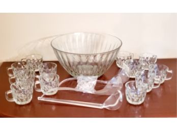 Vintage Anchor Hocking Crown Point Clear Glass Punch Bowl Set With Original Box