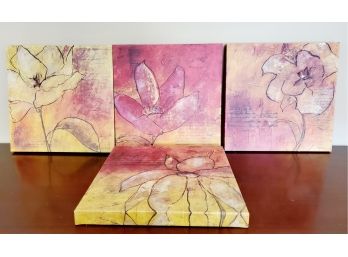 Four Canvas On Wood Frame Floral Abstract Wall Art