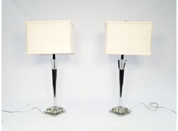 A Pair Of Modern Glass And Chrome Lamps