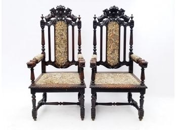 A Pair Of Magnificent Carved Wood Victorian Arm Chairs