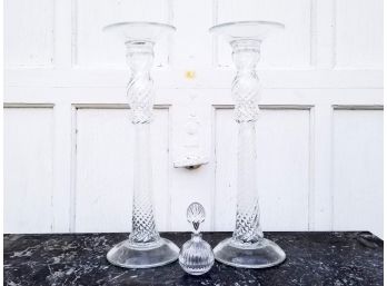 A Pair Of Large Handblown Italian Glass Candlesticks