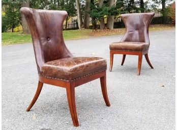 A Set/2 Leather Chairs With Nailhead Trim