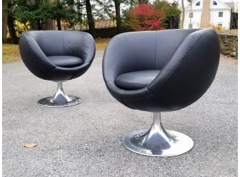 Vintage Scandinavian Modern Leather Bucket Chairs With Swivel Bases