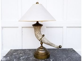 A Vintage Carved Horn And Brass Accented Lamp