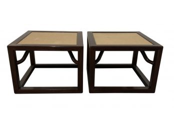 Pair Solid Wood And Faux Bamboo Side Tables