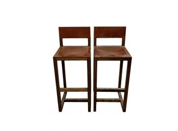 Pair Brown Leather Upholstered Pub Chairs