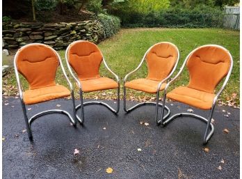 Set Of Four Awesome Mid Century Modern Bassett Mirror Tubular Chrome Rocker Chairs W/orange Original Cushions