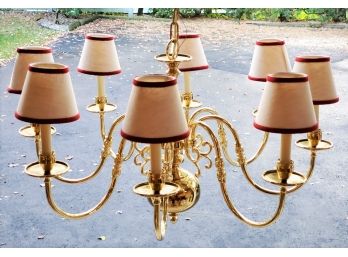 Dramatic Vintage Polished Brass Traditional 8 Arm Chandelier W/shades