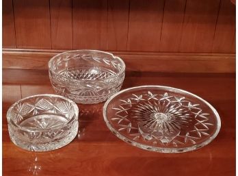 Pretty Grouping Of Signed Waterford Cut Crystal Bowls & Pedestal Cake Plate