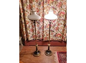 Handsome Pair Of Vintage Tall Brass Floor Lamps W/Milk Glass Shades