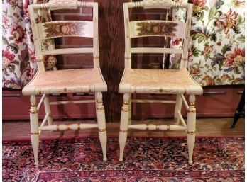 Two Vintage L. Hitchcock Off White Floral Stenciled Chairs W/woven Seats