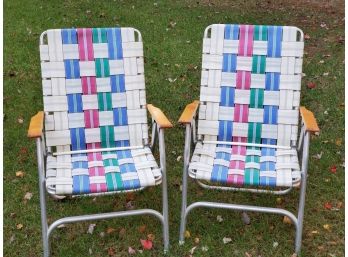 Pair Of Vintage Aluminum Web Woven Multi Colored Lawn Chairs