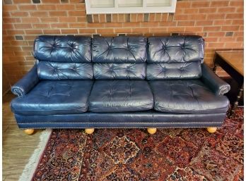 Vintage Mid Century Modern Classic Leather Co Tufted Blue Leather Couch