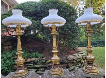 Set Of Three Stunning Large Vintage Mid Century Tall Brass & Milk Glass Table Lamps