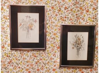 Lovely Framed Pair Mary Lou Goertzen Pen And Ink With Watercolor, Flower Bouquet Lithographs