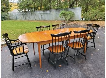 Beautiful Vintage L. Hitchcock Drop Leaf Oval Farmhouse Stenciled Dining Table W/Six Chairs