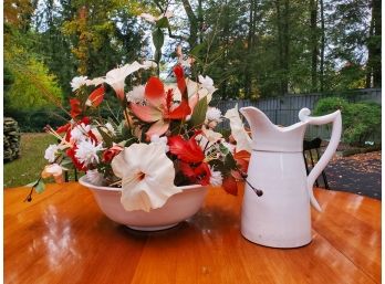 Lovely Large White Ceramic Pitcher & Bowl Set W/Faux Flower Bouquet -Make In Italy