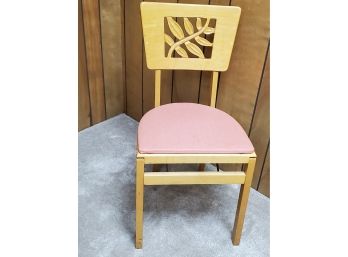 Single Vintage Stakmore Folding Wooden Carved Back Chair W/pink Padded Seat