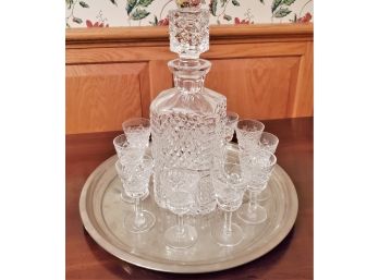 Wonderful Vintage Waterford Cut Crystal Square Whiskey Decanter And Alana Cordial Glass Set W/pewter Tray