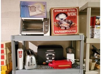 Small Appliance Pot Luck Shelf Lot - New Farberware Wok, Stainless 4 Slice Toaster, Wear-ever Waffle Iron