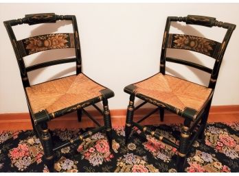 Beautiful Pair Of Vintage L. Hitchcock Of Hitchcocks-ville, CT Black Painted Dining Chairs
