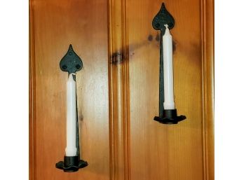 Pair Of Black Vintage Wrought Iron Wall Mount Taper Candle Holders