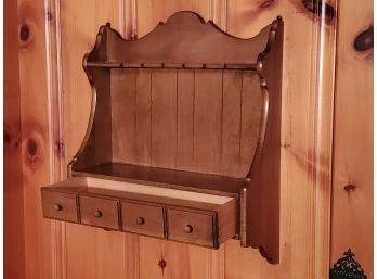 Vintage Wood Wall Mount Spoon Rack Shelf & Drawer