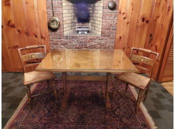 Vintage L. Hitchcock Wood Dining Trestle Table W/2 Rush Seat Matching Wood Chairs