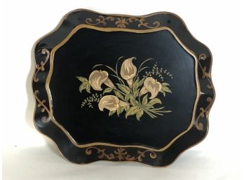 Toleware Tray With Scalloped Rim Hand Painted With Calla Lilies