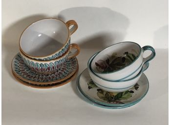 (4) Fine Quality Hand Painted Italian Oversize 'Triple Latte' Cups & Saucers