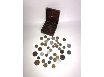 Italian Wooden Box Filled With Foreign Coins