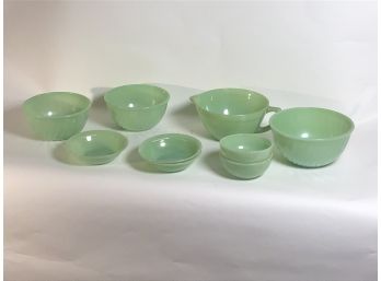 (9) Vintage Fire King Jadeite Bowls / Pitcher