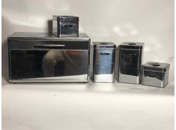 Vintage (5) Piece Chrome Bread Box, Tea, Flour Sugar & Coffee Containers