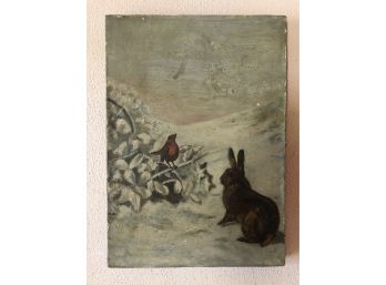 (19th C) Oil On Canvas Painting Of A Rabbit With A Robin