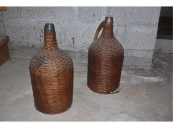 Pair Of Antique Bottles Wrapped In Wicker