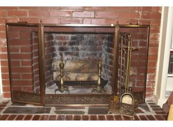 Vintage (6) Piece Andiron And Fireplace Set With Pierced Screen