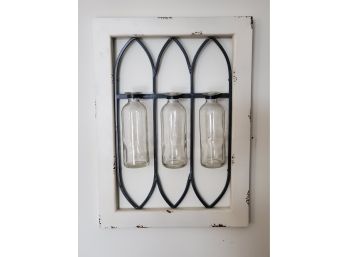 White Painted Wood Framed Wall Mount Three Bottle Bud Vases