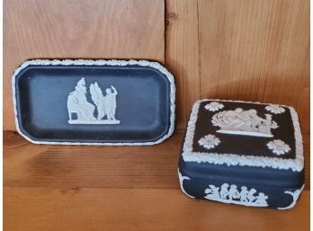 Two Pieces Vintage Black Wedgewood Jasperware Trinket Dish & Trinket Box With Lid